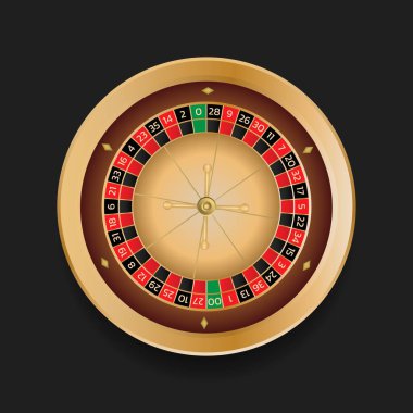 Amerikan rulet çarkı altın renkli online kumarhane. Koyu arkaplanda izole edilmiş gerçekçi biçim vektör çizimi.