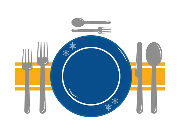 Juego Platos Para Comer Placa Azul Con Copos Nieve Tenedor — Vector de stock