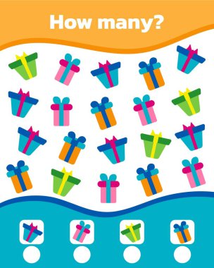 Çocuklar için renkli matematik oyunu. Ne kadar çok Noel hediyesi var. Vektör illüstrasyonu.
