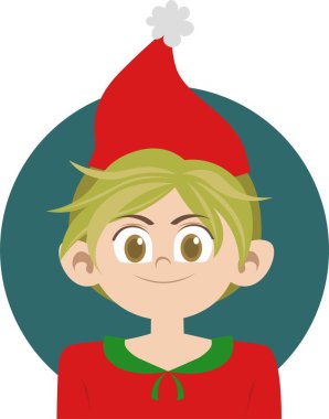 Noel Baba 'nın küçük yardımcısı. Mutlu noel elfinin şirin portresi. Büyük kahverengi gözleri ve dağınık sarı saçları var..