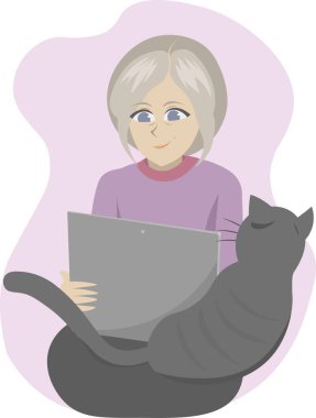 Kedi seven yaşlı bir kadın internetten alışveriş yapıyor ya da internette geziniyor. Kucağında siyah bir kedi olan büyükanne tabletini ya da laptopunu kullanıyor. Leylak rengi bir kazak giyiyor.. 