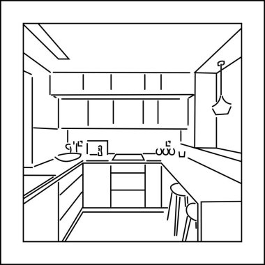 Mutfağın iç kısmının çerçeveli çizimi. Modern Avrupa mutfağının tasarımı. 