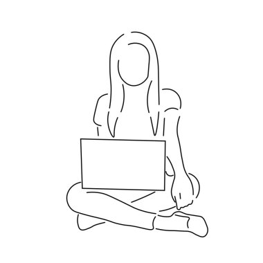 Bacak bacak üstüne atmış bir kadının çizgi çizimi. Elinde bir dizüstü bilgisayar ya da tablet var..