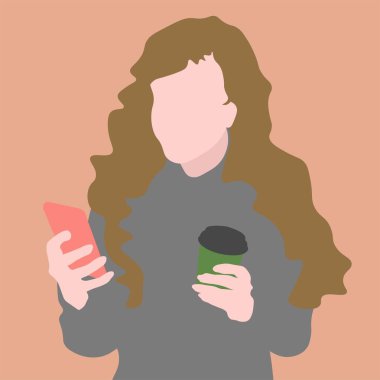 Kıvırcık saçlı, elinde kahve fincanı ve akıllı telefonu olan bir kadının düz çizimi..