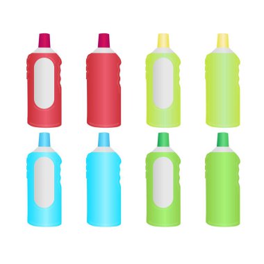 Temizlik için evrensel sıvı. Çizgi film deterjan şişeleri / temizlik malzemeleri. Etiketli ve etiketsiz dört farklı tür. Parlak renkler. Vektör illüstrasyonu EPS 10.