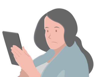 Sorunlu kadın açık mavi battaniyeye sarılmış ve elinde telefon tutuyordu. Bilgi arıyor ya da bir şeyi anlamakta zorlanıyor. Hasta olabilir ve kovid 19 belirtilerini okuyor olabilir..