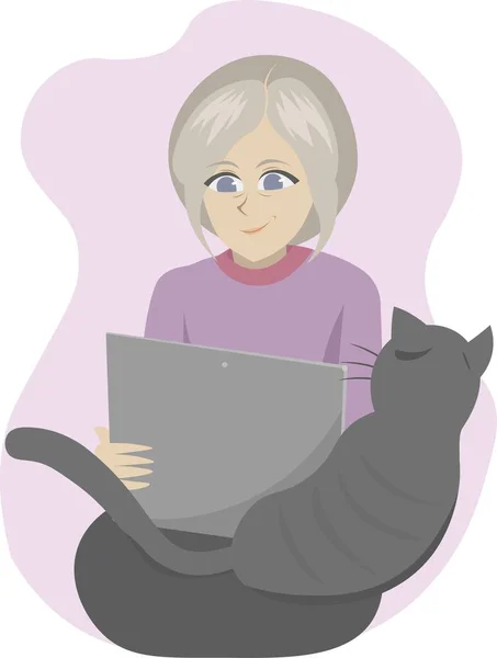 고양이를 사랑하는 할머니가 온라인 쇼핑을 하거나 둘러보고 있습니다 고양이가 무릎에 — 스톡 벡터