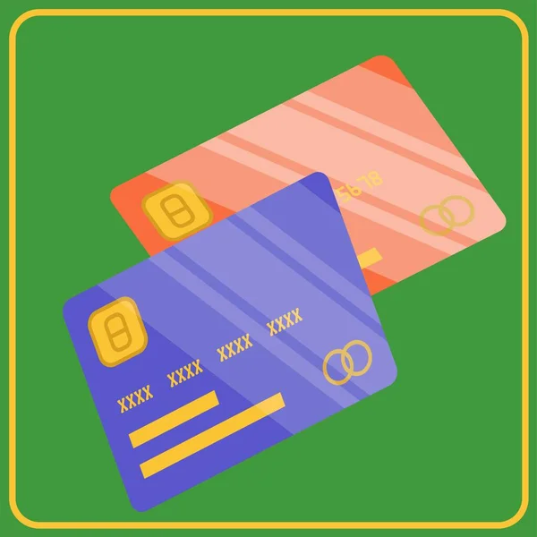 Vector Illustration Two Shiny Credit Cards Green Background Flat Design — Stock Vector