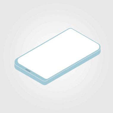 Boş beyaz ekranlı basit izometrik telefonun vektör çizimi. Akıllı telefon maketi. İnternet sitesi, sosyal medya, afişler ve reklam için mükemmel bir grafik. Gri gradyan arkaplan.