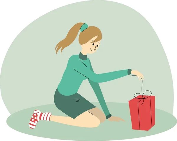 Cadeau Noël Ouverture Femme Elle Est Assise Par Terre Tire — Image vectorielle