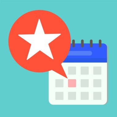 Beyaz yıldızlı komik konuşma balonu ve işaretli tarihli mavi takvim. Süper şans konsepti, özel gün, tatil, eşsiz olay, yetenek gösterisi ikonu. Vektör 8.