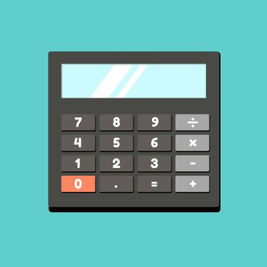 Kare döşeme arkaplanındaki siyah hesap makinesi. Parlak boş ekran ve üzerinde numaralar olan düğmeler. Finansal planlama sanatı. Basit düz çizim. Vektör EPS 8.