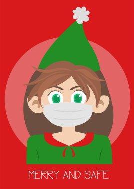 Noel Baba 'nın küçük yardımcısı. Büyük yeşil gözleri ve dağınık kahverengi saçları var. Beyaz bir maske takıyor. Covid-19 salgını sırasında iyi Noeller. Mutlu ve güvende. Vektör tebrik kartı EPS 8.