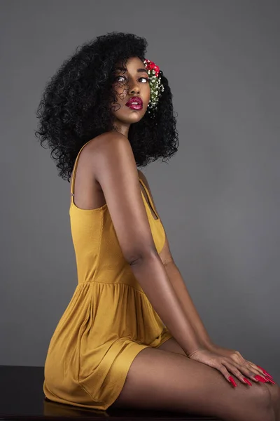 Retrato Uma Jovem Mulher Negra Serena Com Cabelos Pretos Longos — Fotografia de Stock