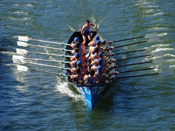 rowing boat during competition in the Bilbao estuary August 20, 2018