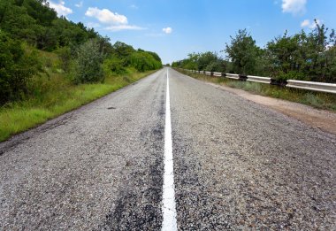 Yaz ormanında gün batımında asfalt yolda. Kırım Dağları
