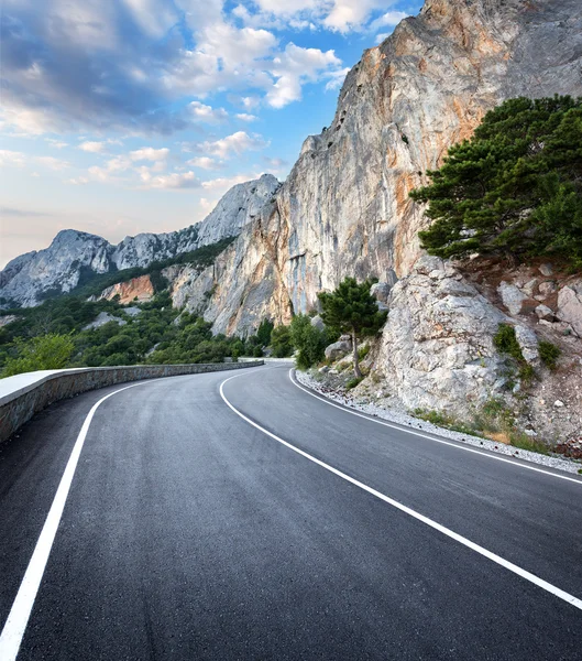 Yaz ormanında gün batımında asfalt yolda. Kırım Dağları