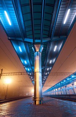 Tren istasyonunda gece. Sisin içinde tren platformu. Demiryolu