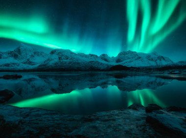 Karlı dağların üzerinde Aurora borealis, donmuş deniz, kış gecelerinde suda yansıma. Lofoten, Norveç. Kuzey ışıkları ve karlı kayalar. Kutup ışıkları, yıldızlı gökyüzü ve fiyortlu manzara. Manzara