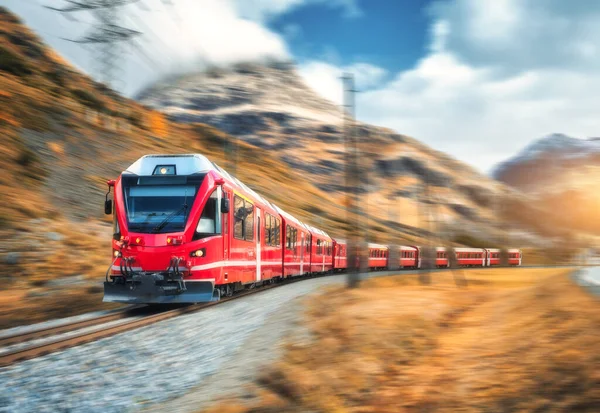 Kızıl modern yolcu treni sonbaharda günbatımında İsviçre Alplerinde demiryolunda hareket ediyor. Dağlarda, yolda yüksek hız treni hareket bulanıklığı ile sonbaharda portakal ağaçları. Bernina Ekspresi, İsviçre