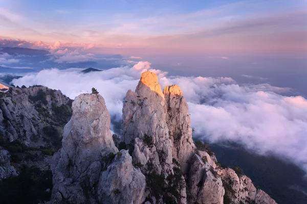 Dağ manzarası. Gün batımında alçak bulutlar ile yüksek kayalar