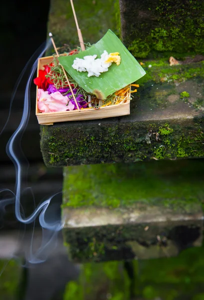 Box with traditional balinese morning offerings or Canang sari, Ubud, Bali — Stock Photo, Image