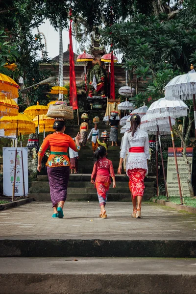 Balinese women in traditional clothes carrying ceremonial box with offerings, Ubud, Bali — Stock Photo, Image