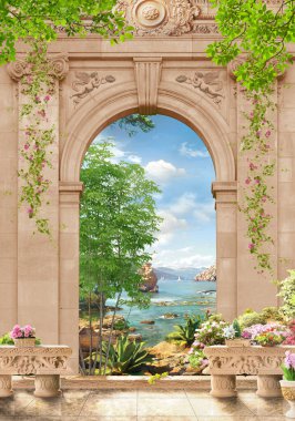 Deniz kıyısındaki eski kasabada, körfeze ve gemilere bakan.