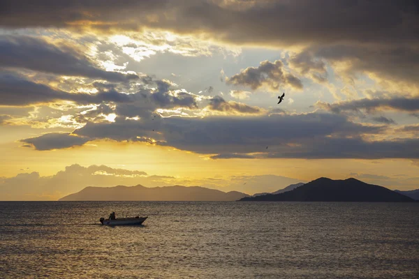Türkiye'de Fethiye, gün batımı ve deniz manzarası. Tekne ve martı