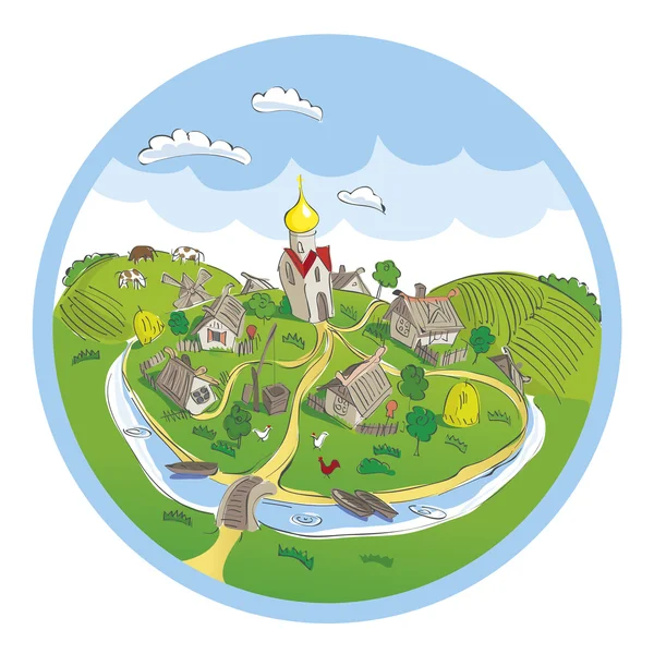 Paisaje rural. Mi querido pueblo. La Iglesia y el hogar — Vector de stock