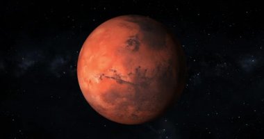 Dönen gezegen Mars karanlıkta izole edilir. Uzaydan Mars gezegeninin ön görüntüsü. Mars 4k çözünürlüğünün tam 3d görüntüsü.