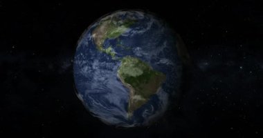 Uzaydan gelen dünya gezegeni. Gezegen dönen animasyon. Küresel uzay keşfi uzay yolculuğu kavramı. Dijital olarak oluşturulmuş görüntü. Gece Sahnesinde Dünya