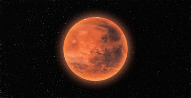 Dönen gezegen Mars karanlıkta izole edilir. Uzaydan Mars gezegeninin ön görüntüsü. Mars 4k çözünürlüğünün tam 3d görüntüsü.
