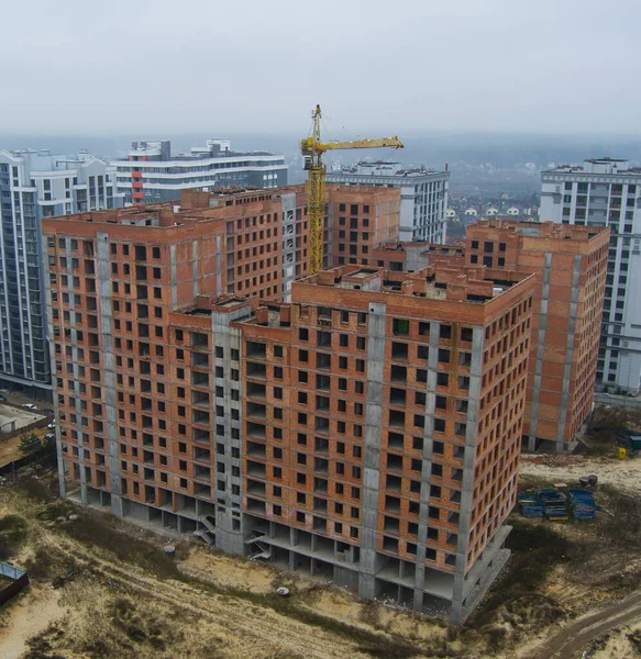 New House Made Red Brick Tower Crane Large Construction Site — Stock Photo, Image