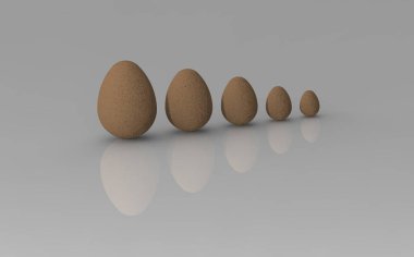 3 boyutlu görüntüleme. 3D görüntü. Beyaz arka planda farklı boyutlarda yumurtalar. Bir şeyin içinde büyümek. derecelendirme