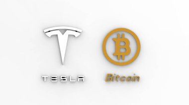 Ukrayna, Kiev - 02 / 22 / 2021. Tesla Bitcoin logosu