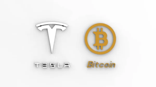 Ukrayna, Kiev - 02 / 22 / 2021. Tesla Bitcoin logosu