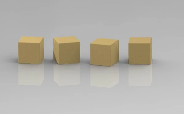 Immagine Rendering Quattro Cubi Legno Sfondo Grigio Cubi Sono Riflessi — Foto Stock
