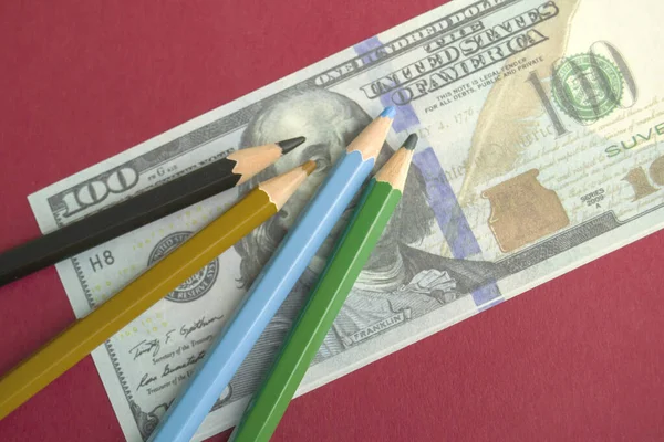 Multicolored Pencils Souvenir Dollar Bills — Stock Photo, Image