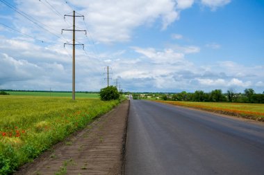 Asfalt asfalt kaldırımlı yol, çiçek açan gelinciklerle birlikte tarla boyunca uzanıyor. Elektrik direkleri yol boyunca yer almaktadır. Mavi gökyüzü beyaz bulutlarla kaplı