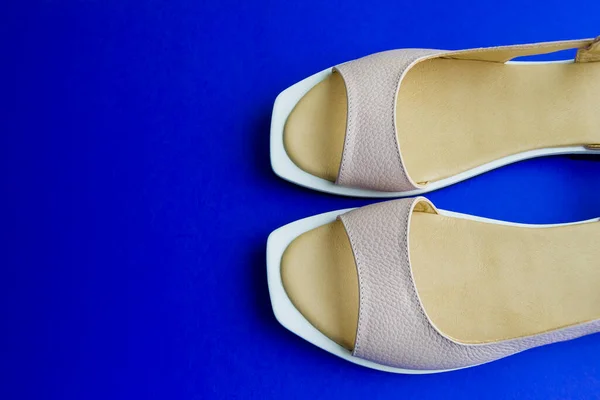 Damenschuhe Von Beiger Farbe Auf Blauem Hintergrund Die Schuhe Werden — Stockfoto