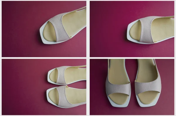 Collage Cuatro Imágenes Zapatos Mujer Beige Sobre Fondo Rojo —  Fotos de Stock
