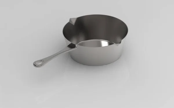 Gri arka planda gümüş metalden yapılmış bir kap. Yakın plan. Yemek aleti. 3 boyutlu görüntü. 3d oluşturma.