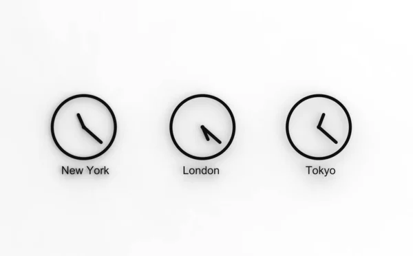 时间读数不同的时钟 伦敦和东京的时区 3D图像 3D渲染 — 图库照片