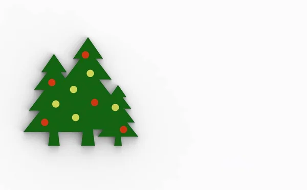 Beyaz arka planda yuvarlak oyuncakları olan üç yeşil Noel ağacı. Yeni yıl ve Noel. 3 boyutlu görüntü. 3d oluşturma.