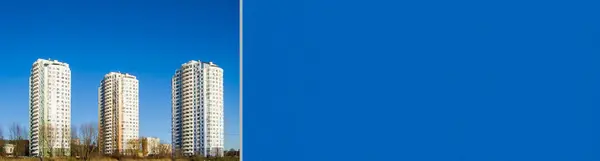 Drie Nieuwe Hoogbouw Gebouwen Aan Het Meer Blauwe Lucht Gekleurde — Stockfoto