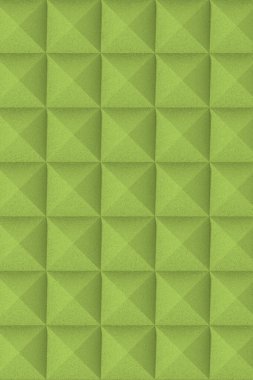 Tekrarlayan yeşil kare fayanslarla kusursuz geometrik arkaplan ve köşegen yüzeyler ince bir 3D ve kağıt dokusu etkisi yaratıyor. Duvar kağıdı, ambalaj, tekstil, markalaşma, ağ altyapısı, ekolojik ve modern tasarım için uygun soyut minimalist desen