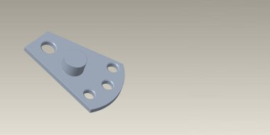 Metal mekanik bir parçanın üç boyutlu görüntüsü, monte edilmiş delikler ve silindirik bir patronla nötr bir arkaplanda. Üretim, mühendislik, CNC makine, makine mühendisliği, CAD modelleme, prototip, teknik için uygun endüstriyel bileşen tasarımı