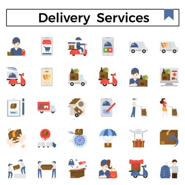 Teslimat servisi düz tasarım simgesi seti.