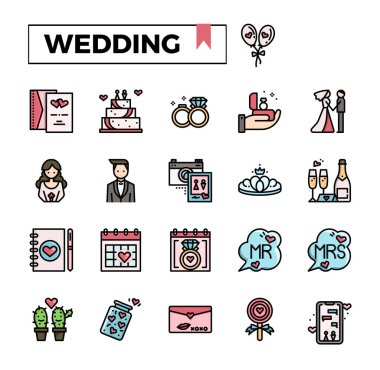 Düğün kutlaması ana hatları tasarım simgesi seti.